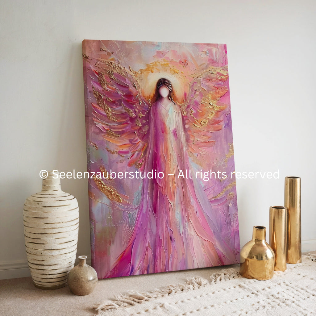 Engel Leinwandbild spirituell – Lichtengel Kunst in Rosa  Gold – Hochwertiges Leinwandbild für Liebe, Heilung & innere Ruhe