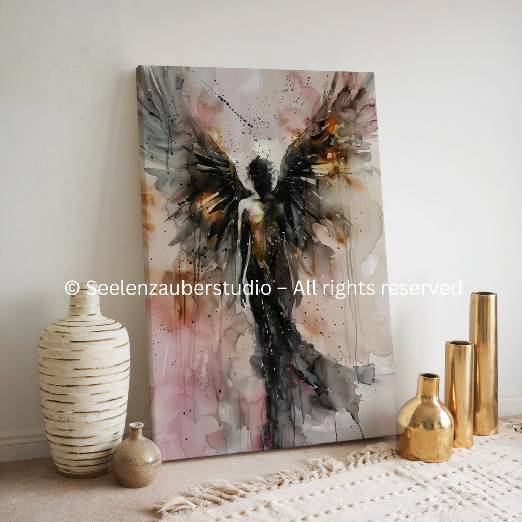Abstraktes Engel Leinwandbild auf Keilrahmen – Spirituelle Wandkunst, Moderne Engel Kunst,  Hochwertiger Kunstdruck, Boho Deko