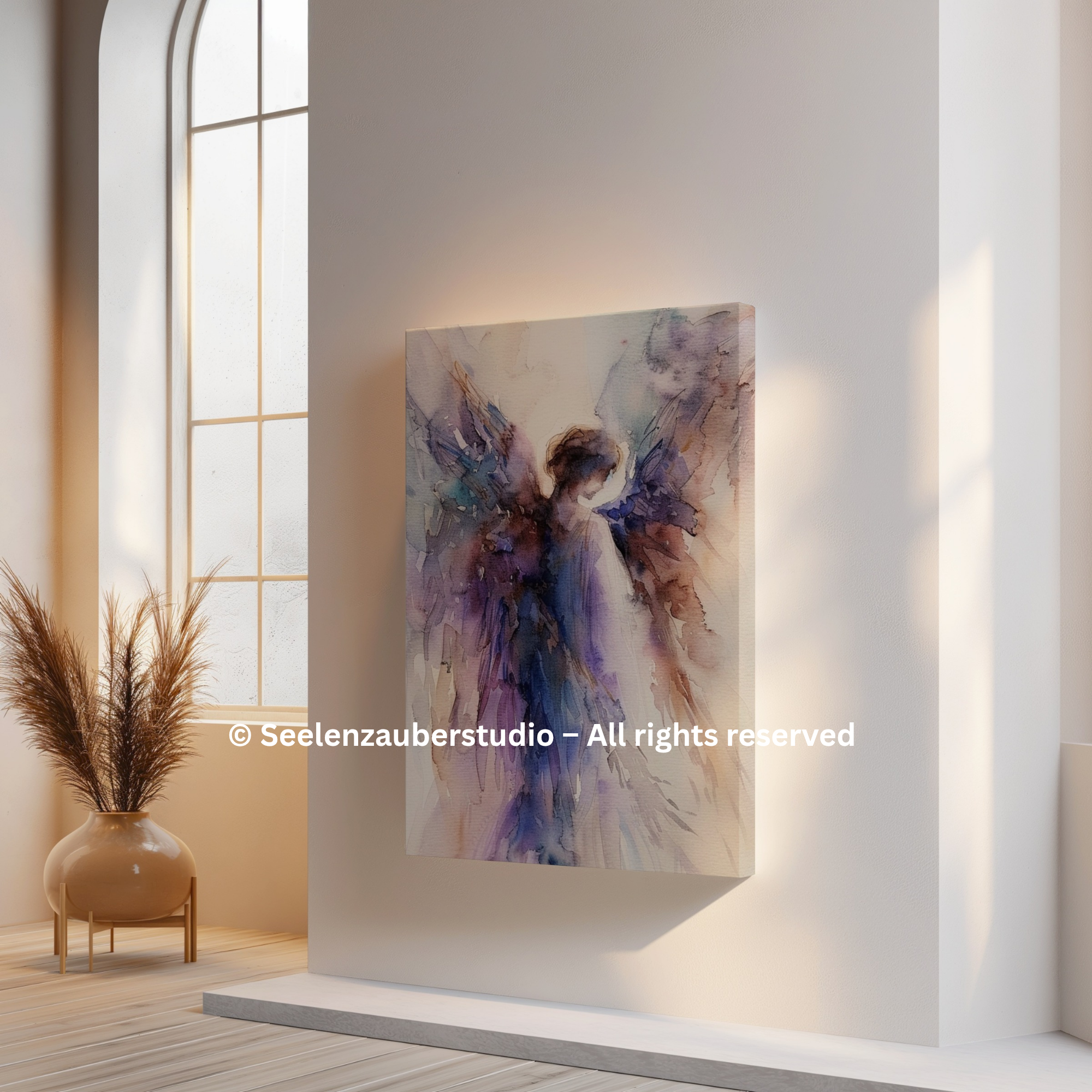 Engel Leinwandbild spirituell – Schutzengel Kunst in Aquarelloptik – Hochwertiges Leinwandbild für Ruhe, Trost & Seelenkraft