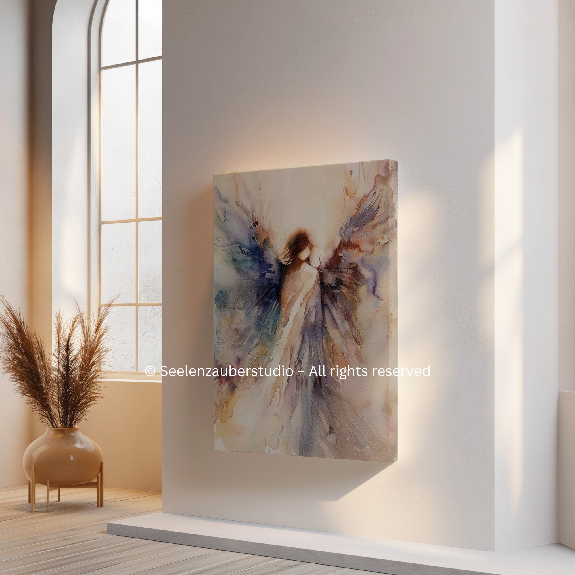 Engel Leinwandbild spirituell – Schutzengel Kunst in Aquarelloptik – Hochwertiges Leinwandbild für Ruhe, Trost & Seelenkraft