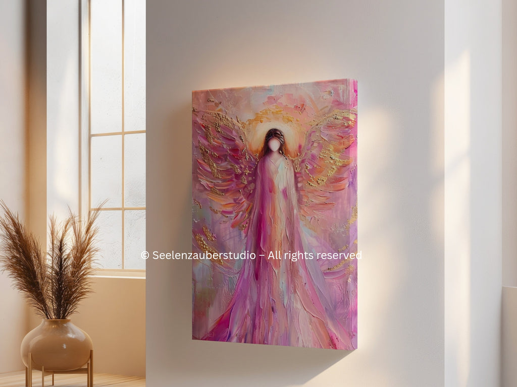 Engel Leinwandbild spirituell – Lichtengel Kunst in Rosa  Gold – Hochwertiges Leinwandbild für Liebe, Heilung & innere Ruhe