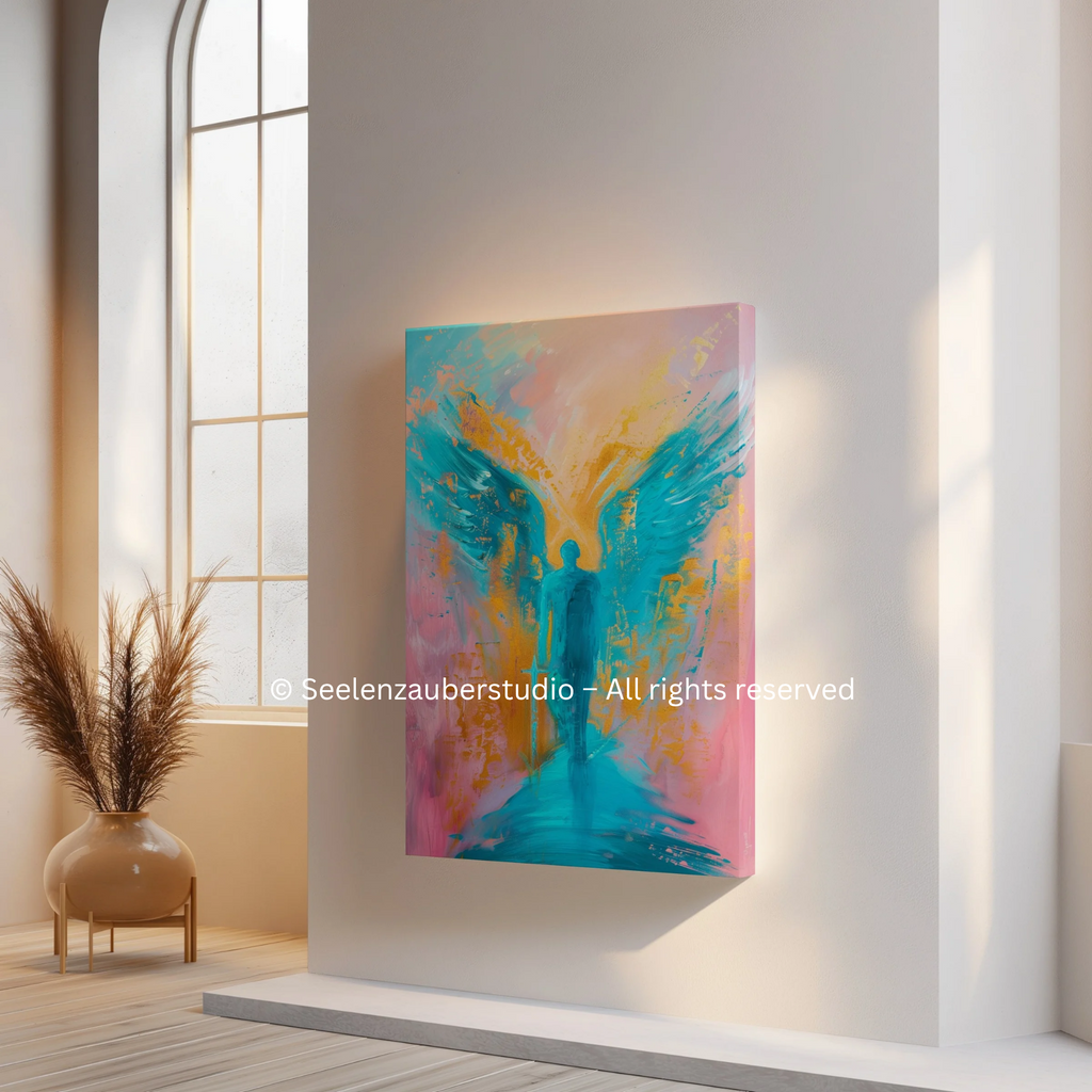 Erzengel Michael Leinwandbild spirituell – Schutz, Stärke Engel Kunst in Türkis Gold – Hochwertiges Leinwandbild für Mut, Klarheit,