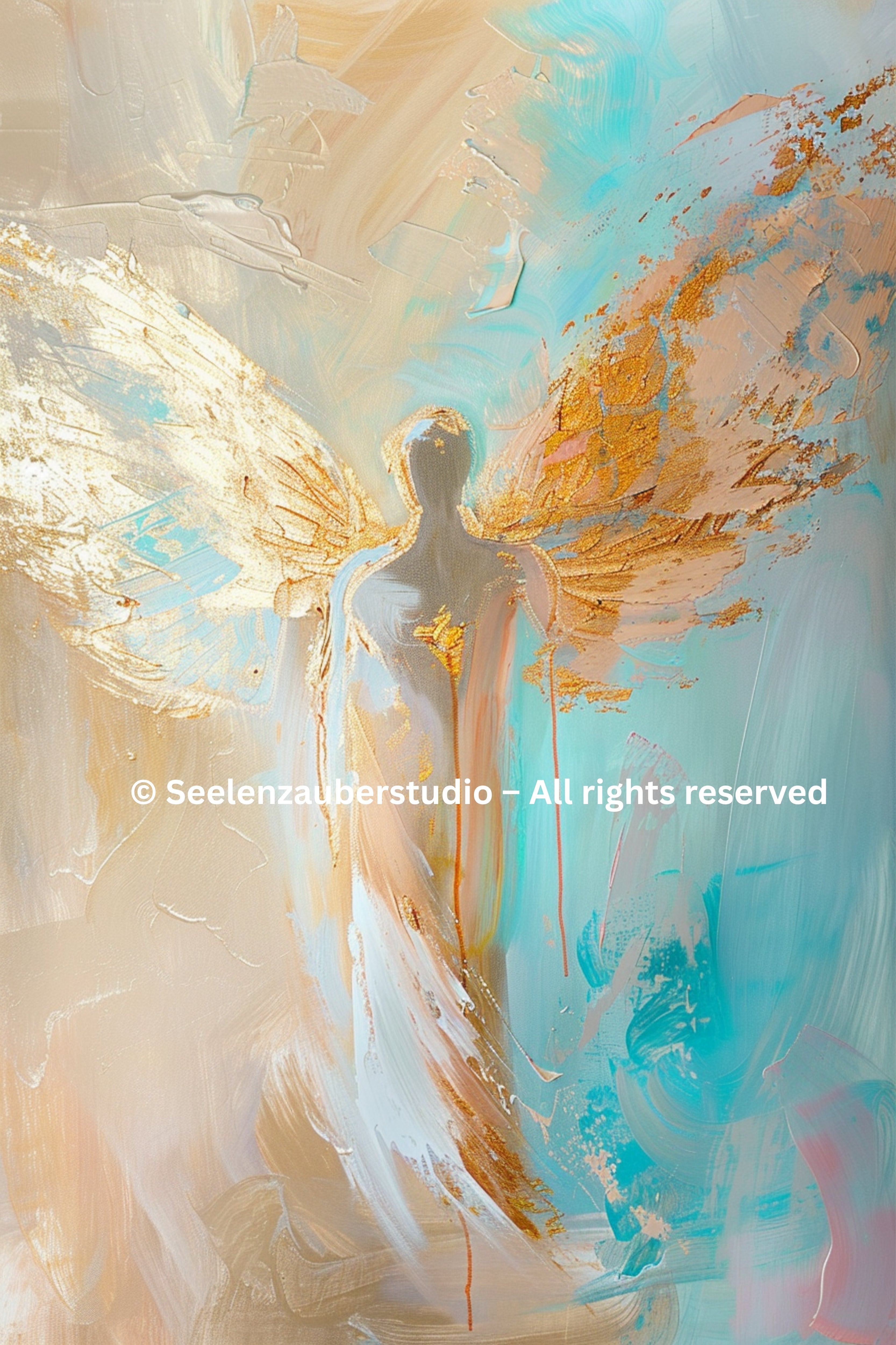 Engel Leinwandbild spirituell – Lichtengel Kunst in Beige, Türkis Gold – Hochwertiges Leinwandbild für Schutz, Vertrauen & innere Ruhe