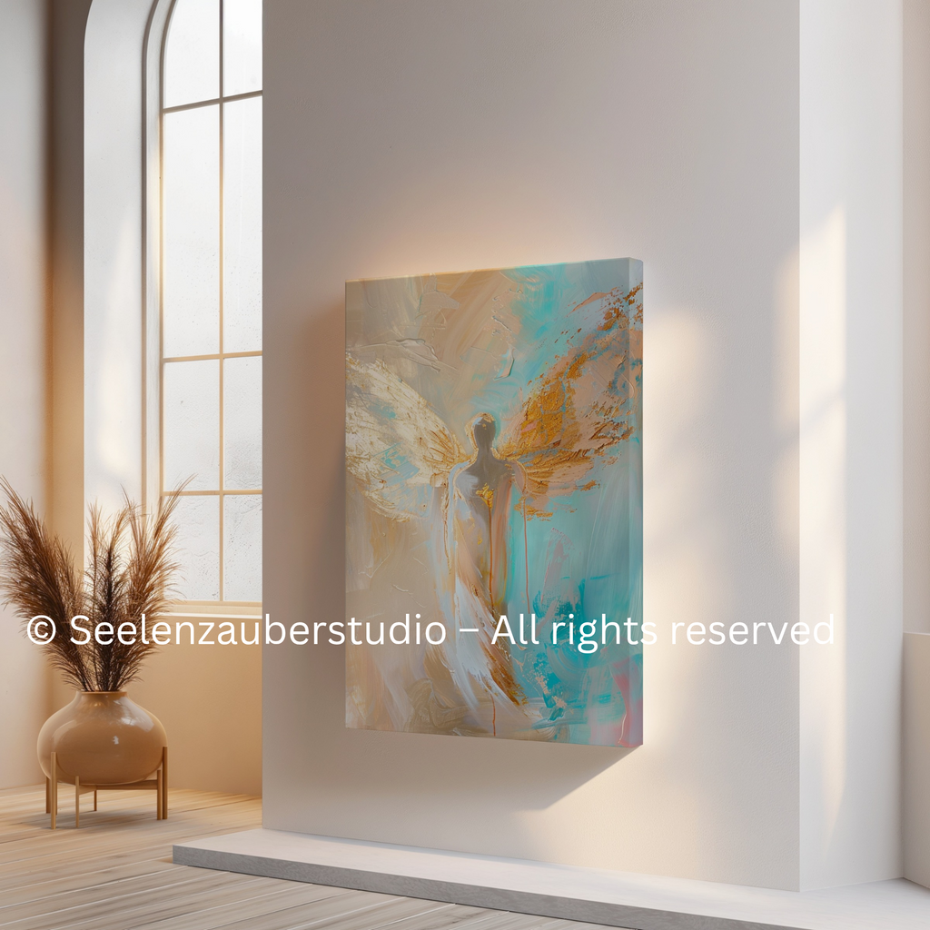 Engel Leinwandbild spirituell – Lichtengel Kunst in Beige, Türkis Gold – Hochwertiges Leinwandbild für Schutz, Vertrauen & innere Ruhe