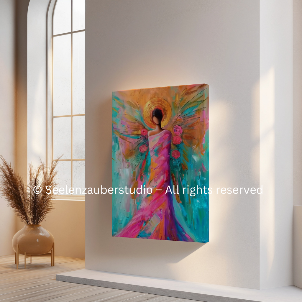 Engel Leinwandbild spirituell – Farbenfroher Lichtengel Kunst in Türkis Pink Gold -Lebensfreude Schutz Herzenergie