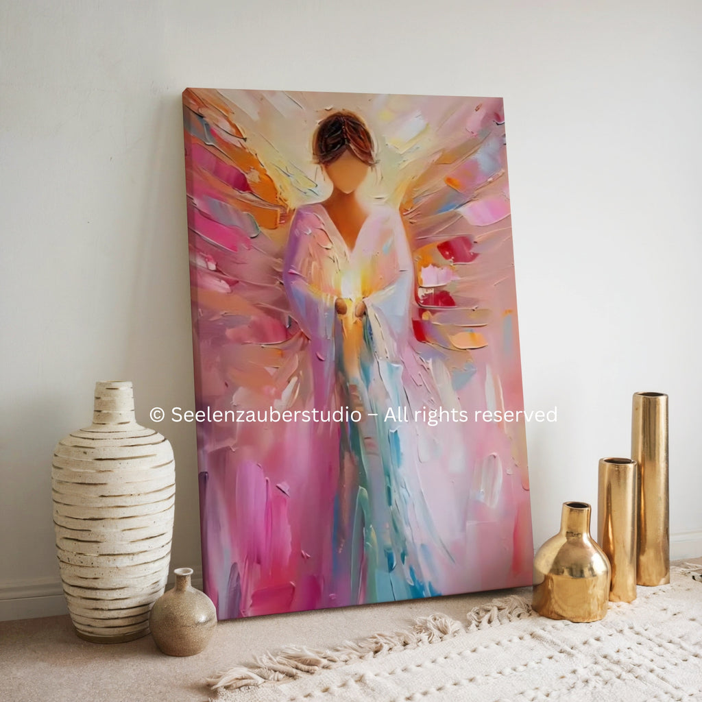 Leinwand-Engel Leinwandbild – Spirituelle Wandkunst auf Leinwand – Farbenfrohes Engelbild modern – Fertig aufgespannt, ohne Rahmen