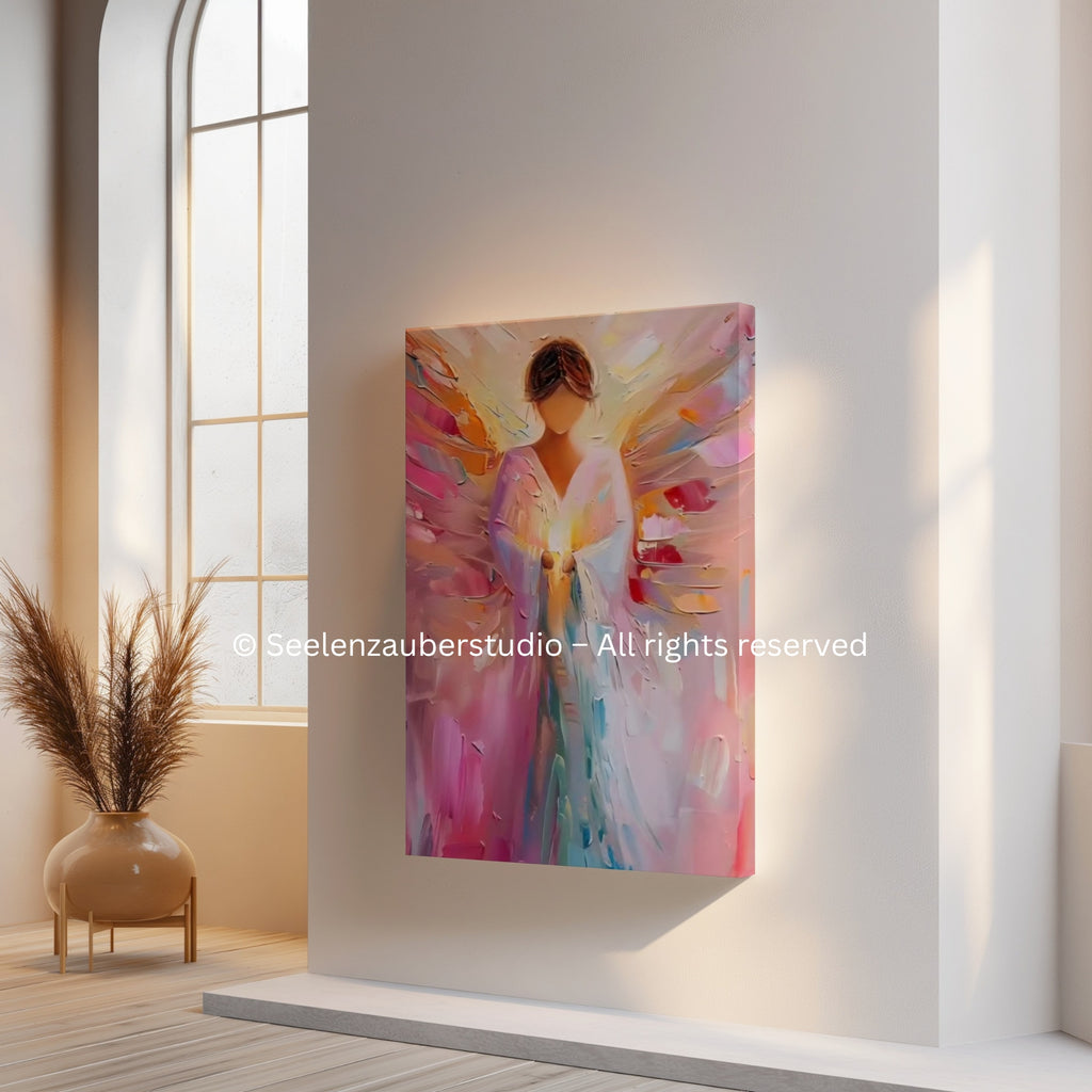 Leinwand-Engel Leinwandbild – Spirituelle Wandkunst auf Leinwand – Farbenfrohes Engelbild modern – Fertig aufgespannt, ohne Rahmen