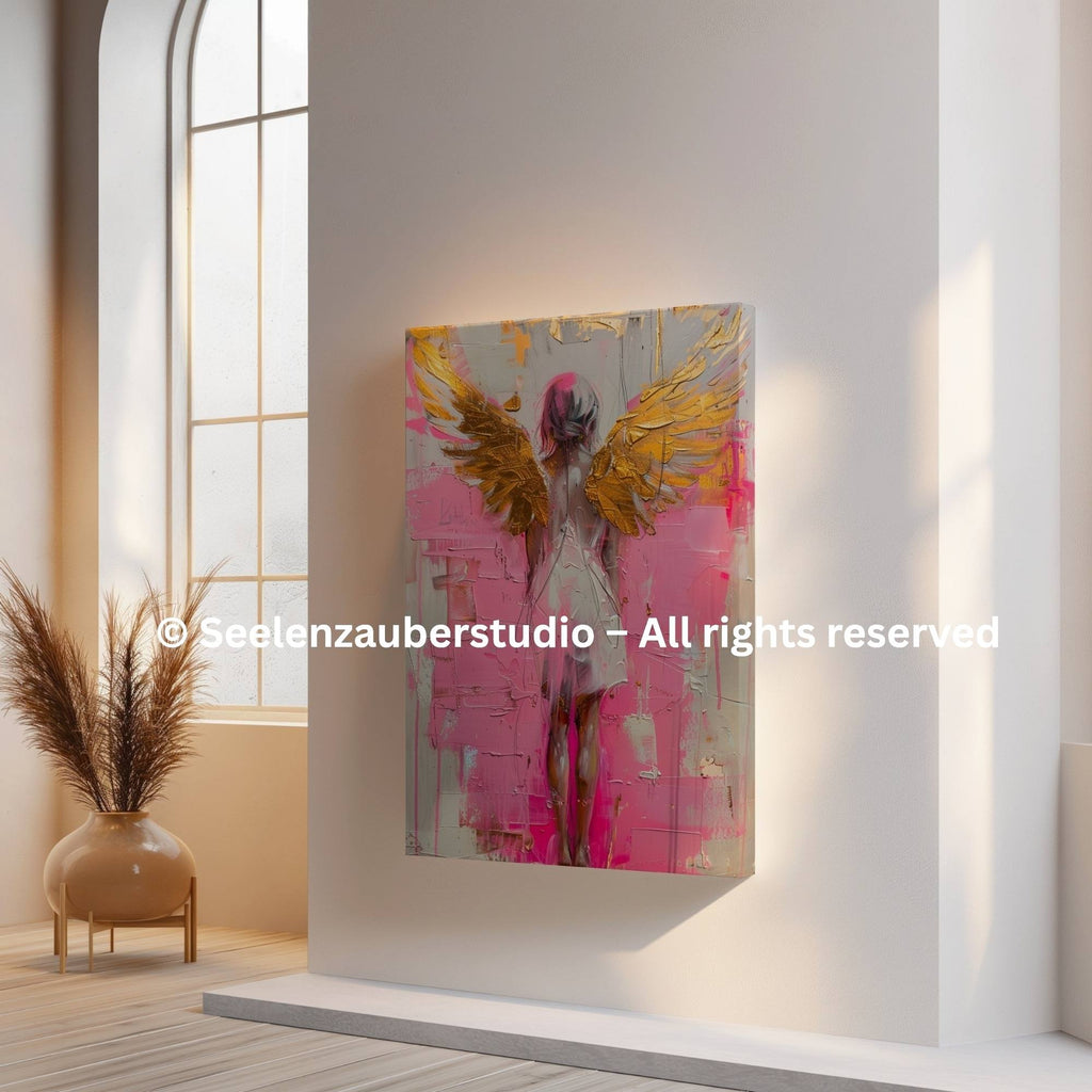 Engel Leinwandbild Rosa Gold | Spirituelle Wandkunst Engel | Moderne Schutzengel Kunst | Dicke Leinwand Galerie Keilrahmen