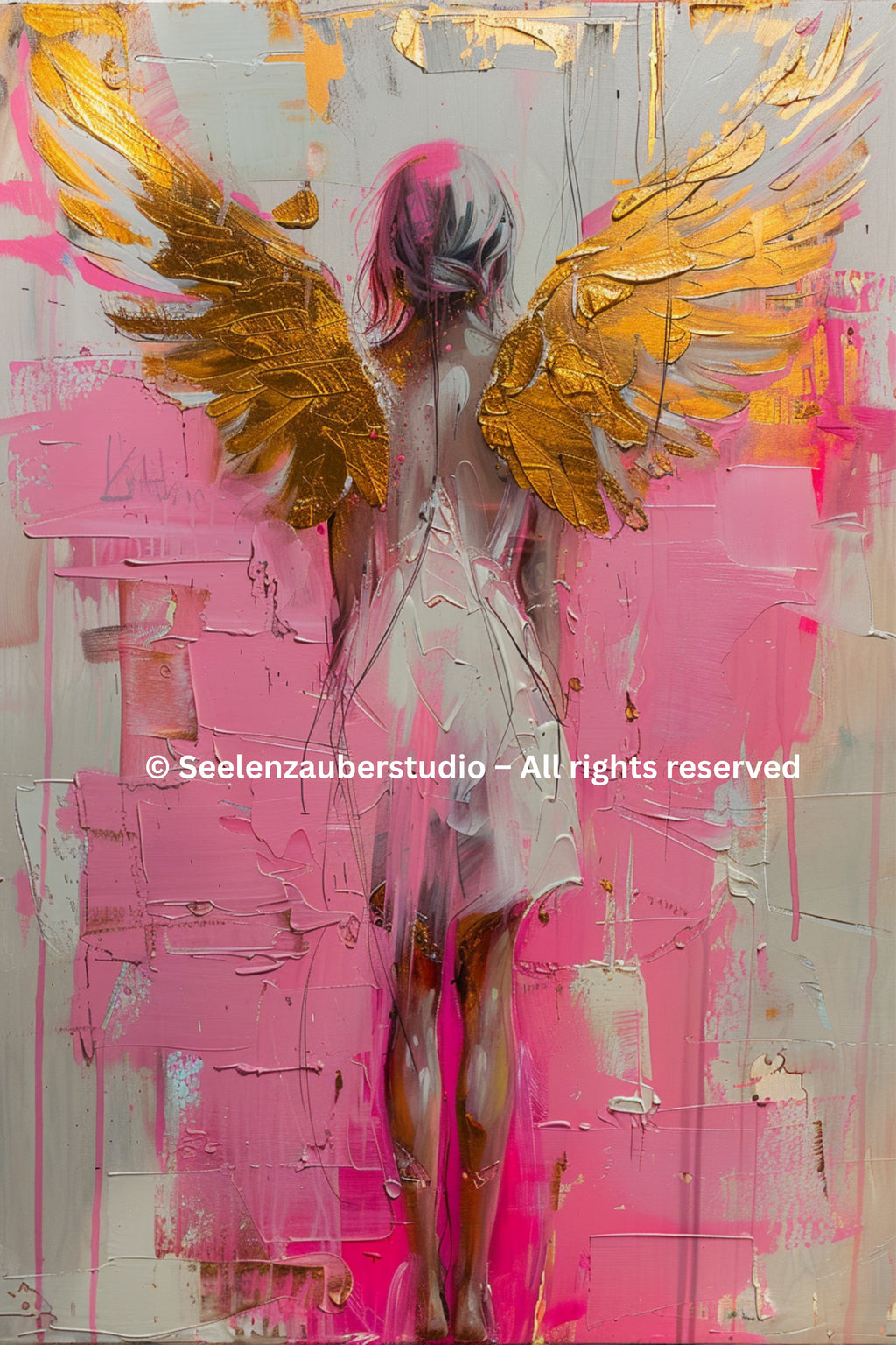 Engel Leinwandbild Rosa Gold | Spirituelle Wandkunst Engel | Moderne Schutzengel Kunst | Dicke Leinwand Galerie Keilrahmen