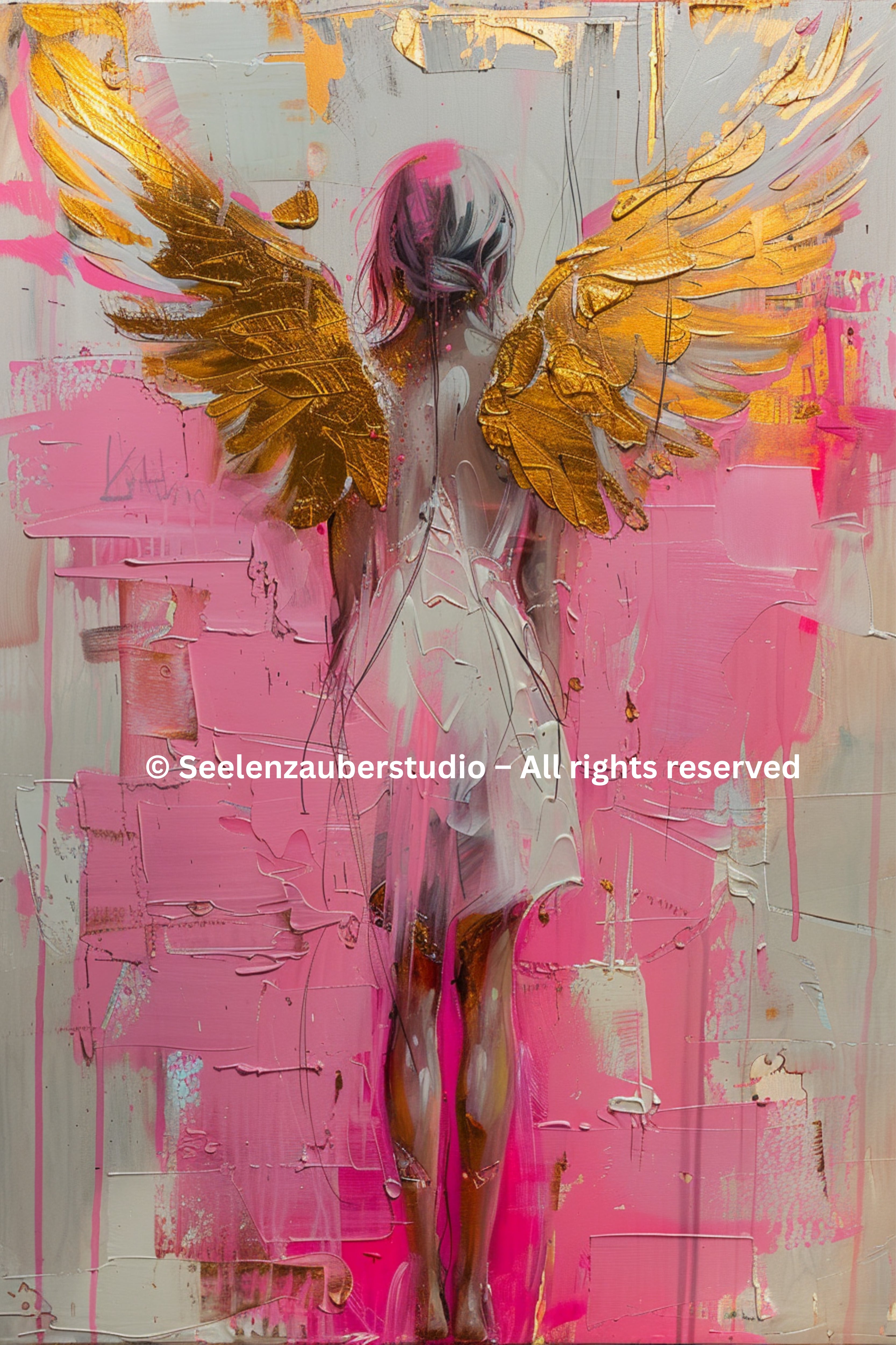 Engel Leinwandbild Rosa Gold | Spirituelle Wandkunst Engel | Moderne Schutzengel Kunst | Dicke Leinwand Galerie Keilrahmen