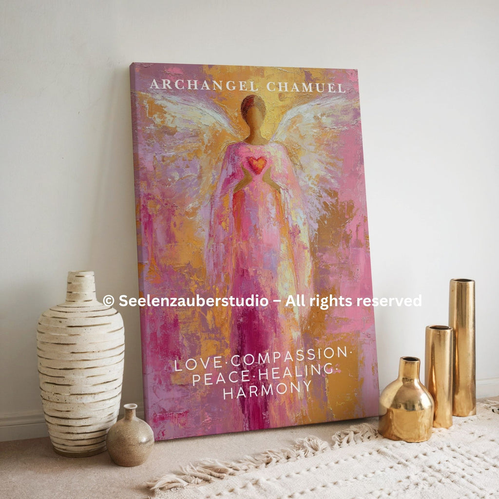 Erzengel Chamuel Leinwandbild | Engel der Liebe Wandkunst | Spirituelle Engel Kunst Rosa Gold | Dicke Leinwand Galerie Keilrahmen