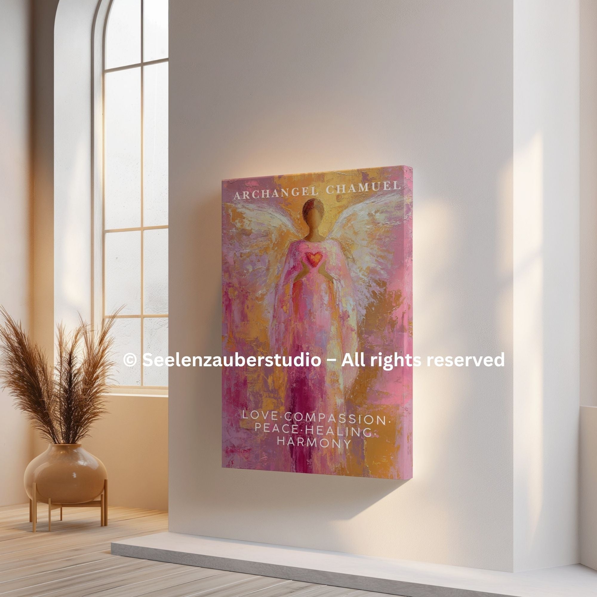 Erzengel Chamuel Leinwandbild | Engel der Liebe Wandkunst | Spirituelle Engel Kunst Rosa Gold | Dicke Leinwand Galerie Keilrahmen