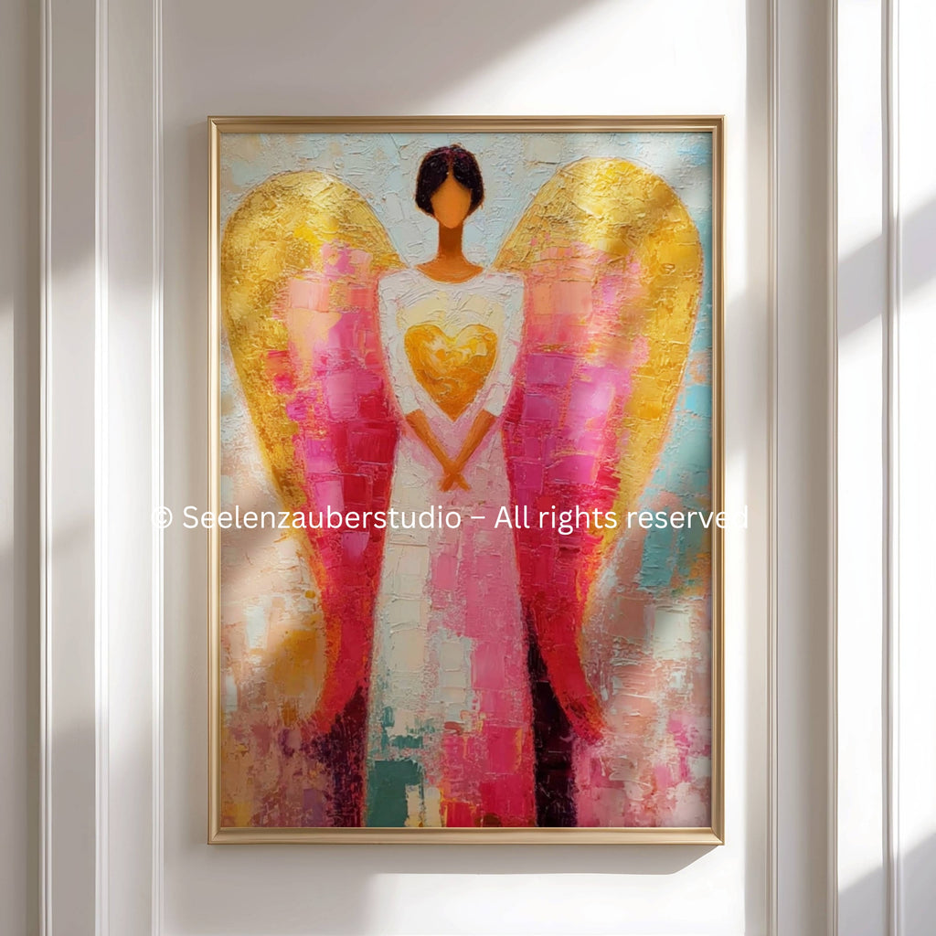 Schutzengel Poster – Spirituelle Engelkunst mit Herz – Moderne Acryl Malerei – Seelenbild für Wohnzimmer – Engel Wandbild Geschenk