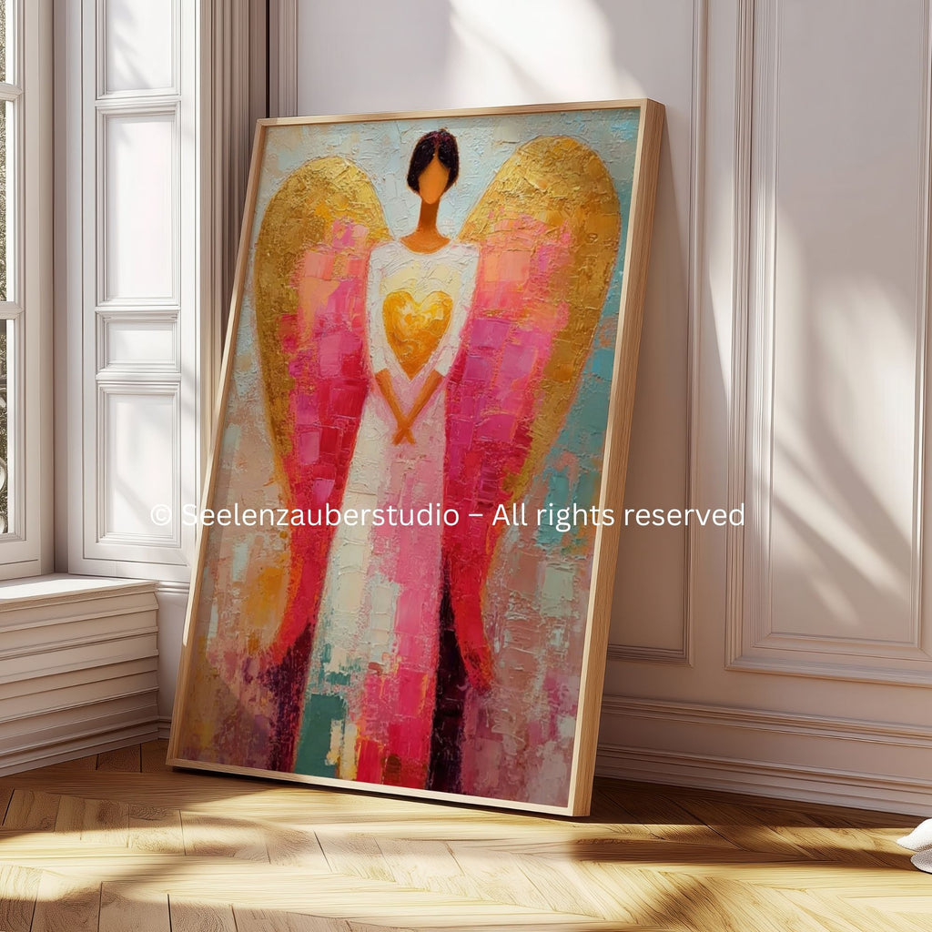 Schutzengel Poster – Spirituelle Engelkunst mit Herz – Moderne Acryl Malerei – Seelenbild für Wohnzimmer – Engel Wandbild Geschenk