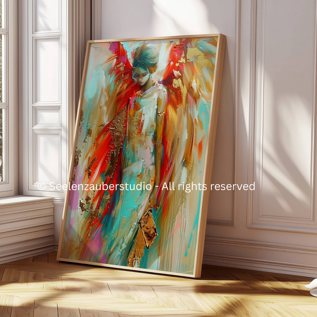 Poster-Engel Poster Frau, Schutzengel Wandbild, Abstrakte Kunst mit Goldflügeln, Spiritueller Kunstdruck, Boho Wanddeko, Geschenk für Frauen