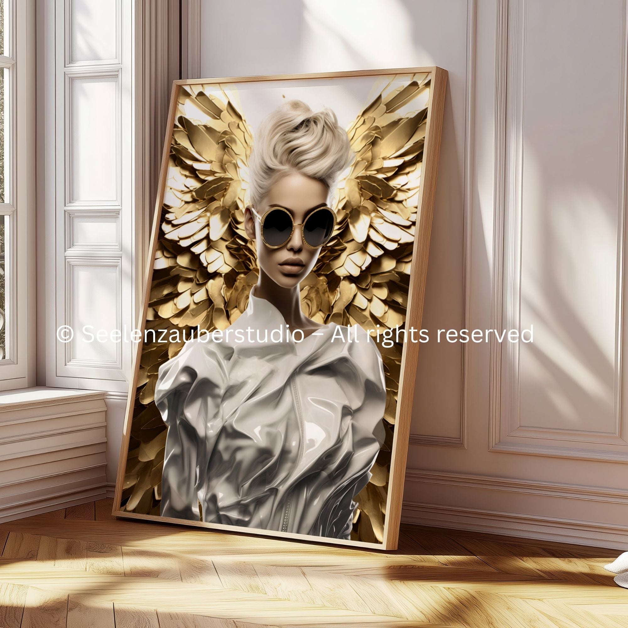 Gold Weiß Fashion Engel Poster – Modernes Glamour Wandbild, Luxus Engel Kunst, Elegante Contemporary Art