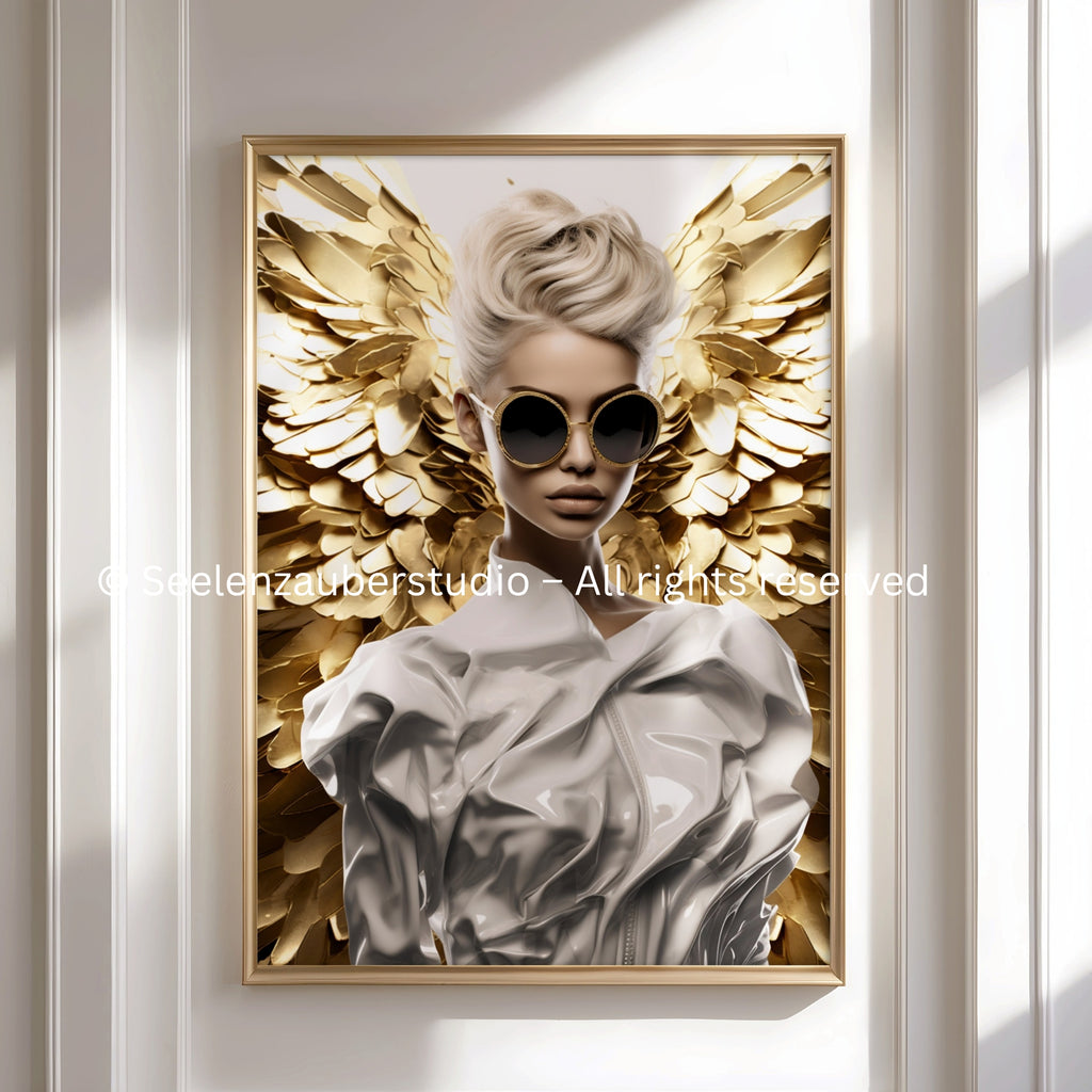 Gold Weiß Fashion Engel Poster – Modernes Glamour Wandbild, Luxus Engel Kunst, Elegante Contemporary Art