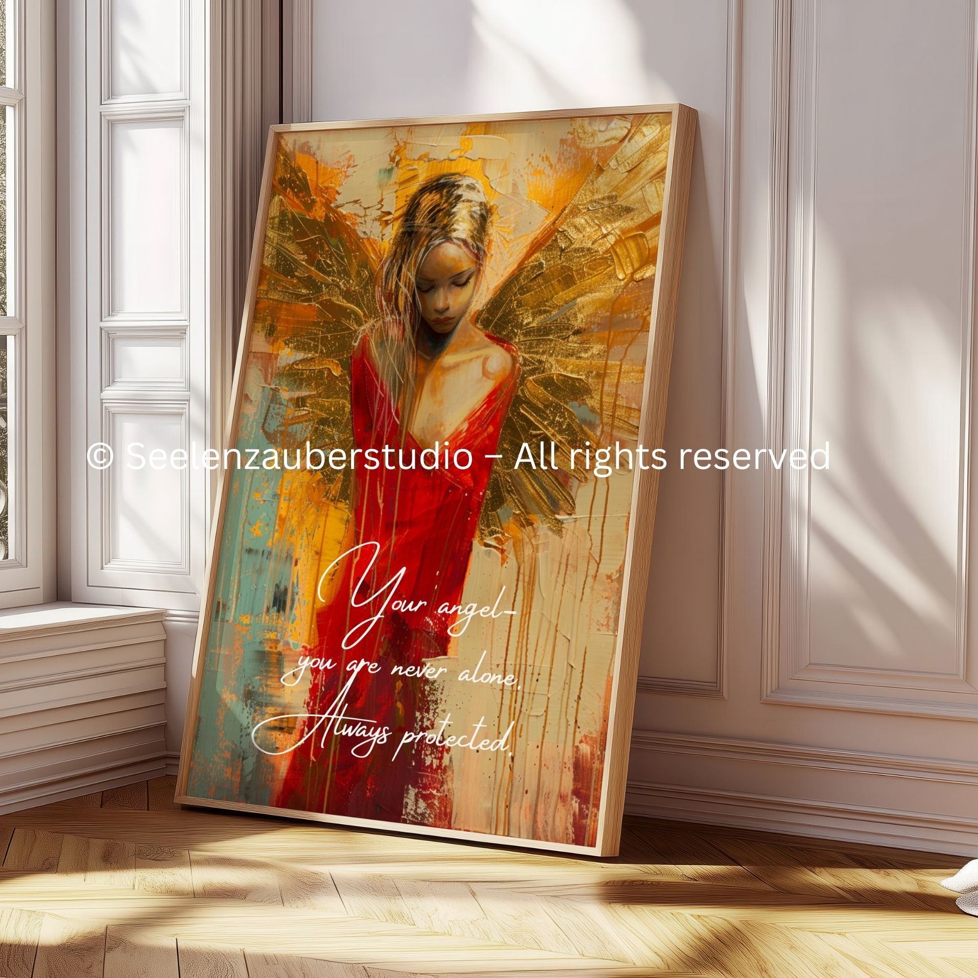 Golden angel in a red dress