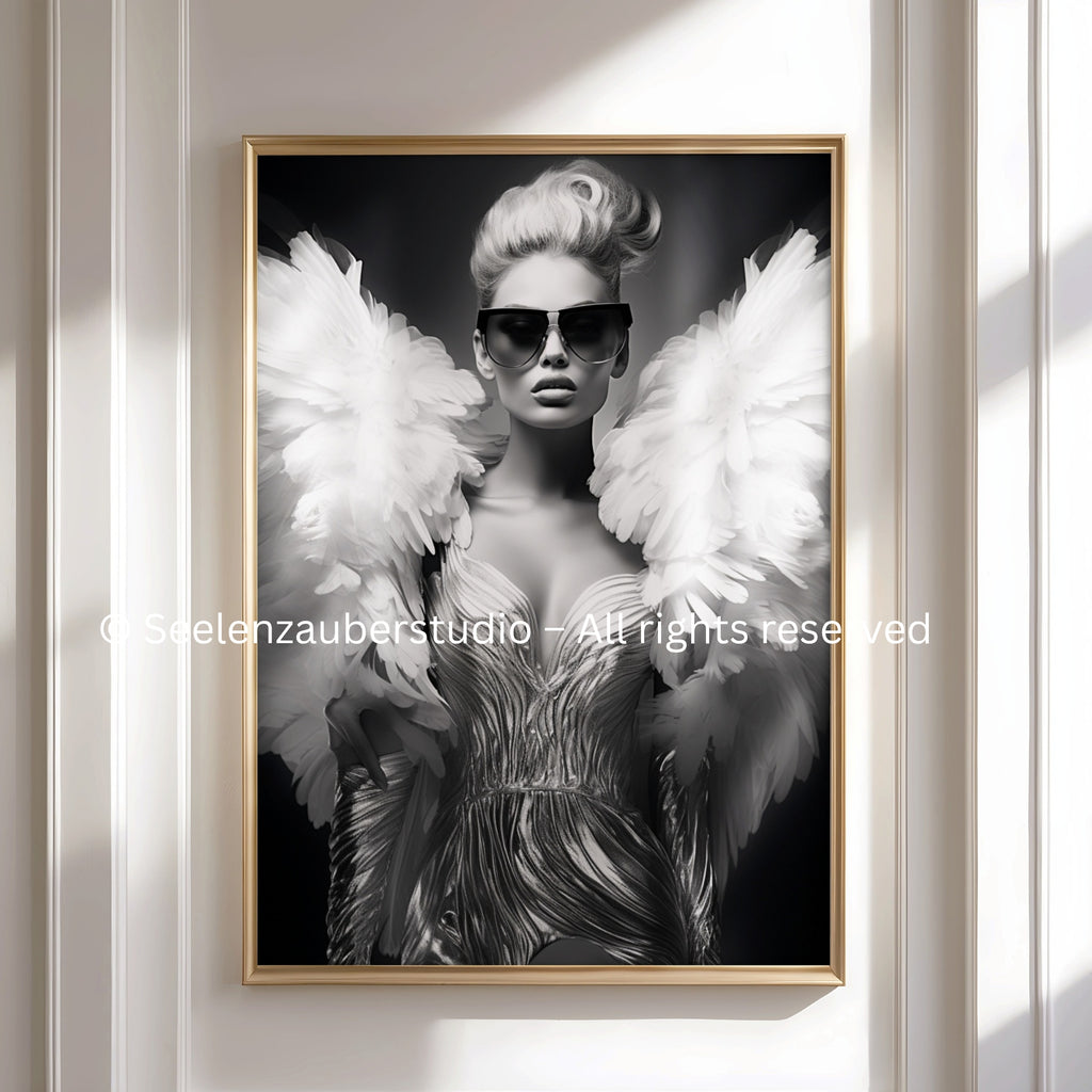 Schwarz Weiß Fashion Engel Poster – Moderner Glamour Engel, Stylisches Wandbild, Elegante Engelskunst