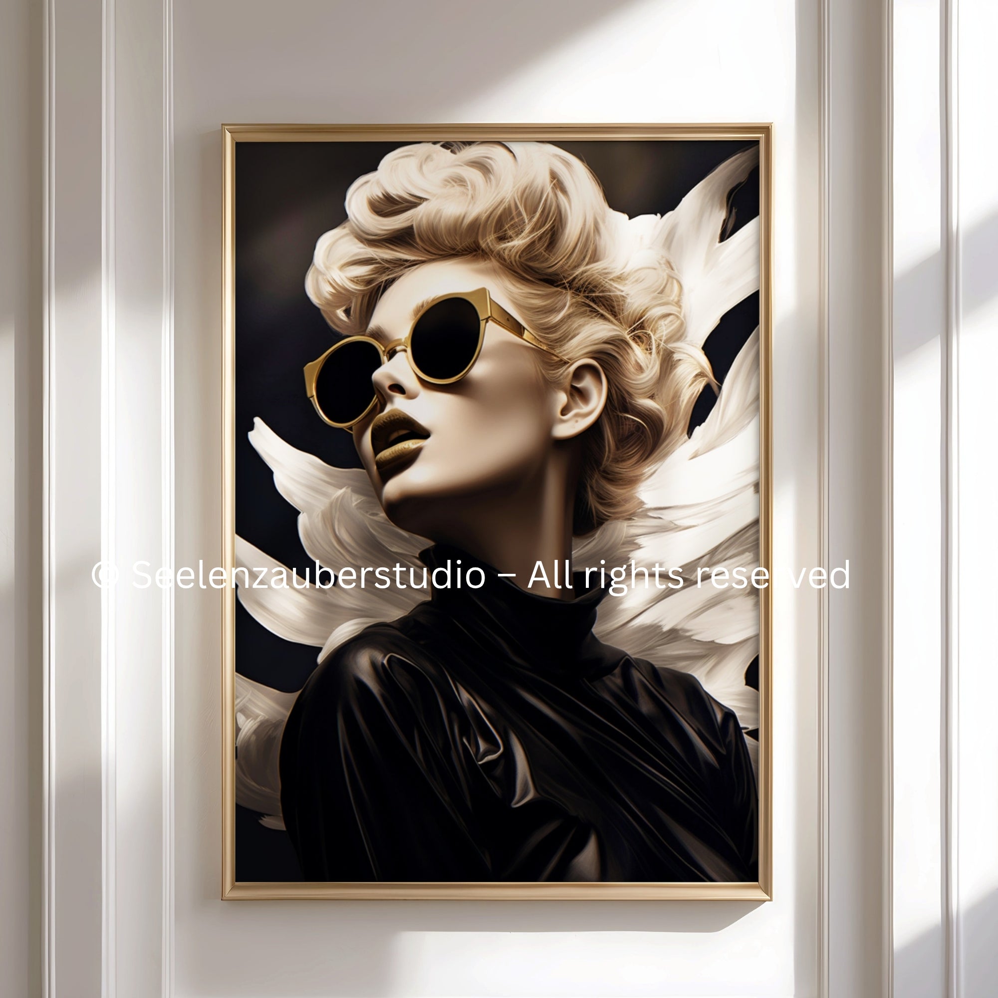 Fashion Engel Poster in Schwarz Beige – Moderner Glamour Engel, Golden Chic Art Print, Trendige Engel Wanddeko