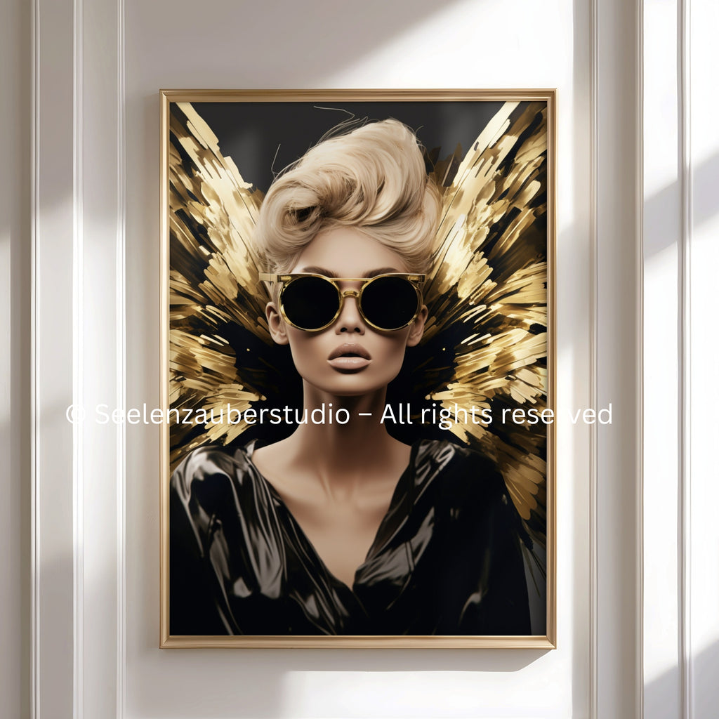 Fashion Engel Poster in Gold und Schwarz – Moderner Glamour Engel Art Print, Luxus Wandbild, Extravagante Engel Fashion Kunst