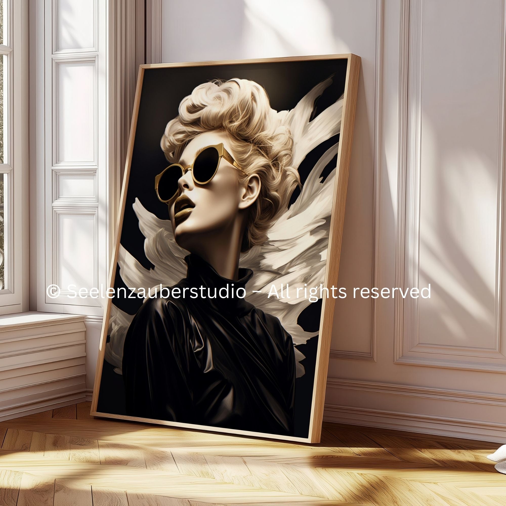 Fashion Engel Poster in Schwarz Beige – Moderner Glamour Engel, Golden Chic Art Print, Trendige Engel Wanddeko