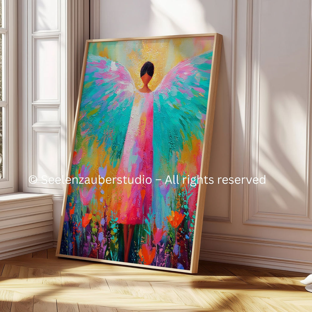 Bunter Pastell Engel – Farbiges Engel Poster, modernes Wandbild, leuchtende Wanddeko