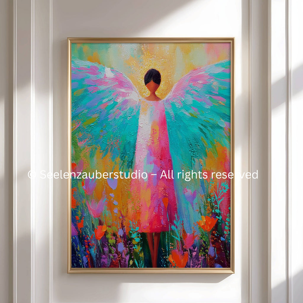 Bunter Pastell Engel – Farbiges Engel Poster, modernes Wandbild, leuchtende Wanddeko
