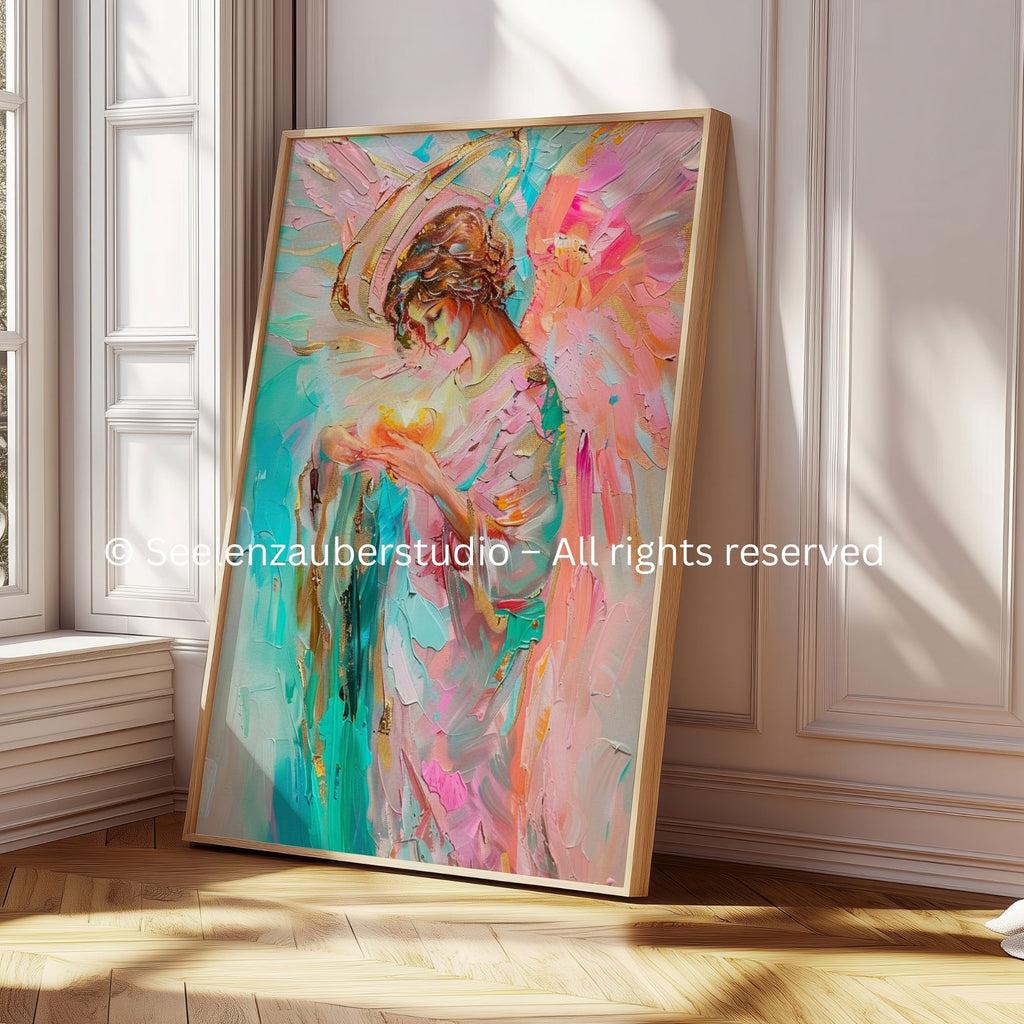 Erzengel Chamuel Poster - Rosa Engelskunst – Chamuel Wandbild – Spirituelle Herzenergie Kunst – Himmlische Kunst – Angelwings