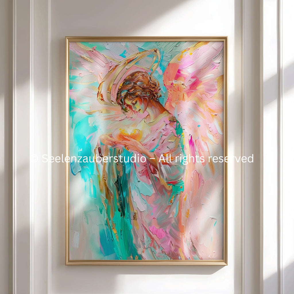 Erzengel Chamuel Poster - Rosa Engelskunst – Chamuel Wandbild – Spirituelle Herzenergie Kunst – Himmlische Kunst – Angelwings