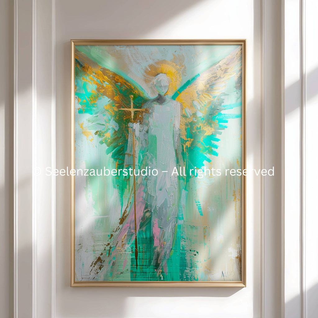 Erzengel Raphael Poster – Engel der Heilung in Türkis  Gold – Spirituelle Wandkunst – Schutzengel Bild für Gesundheit & Trost