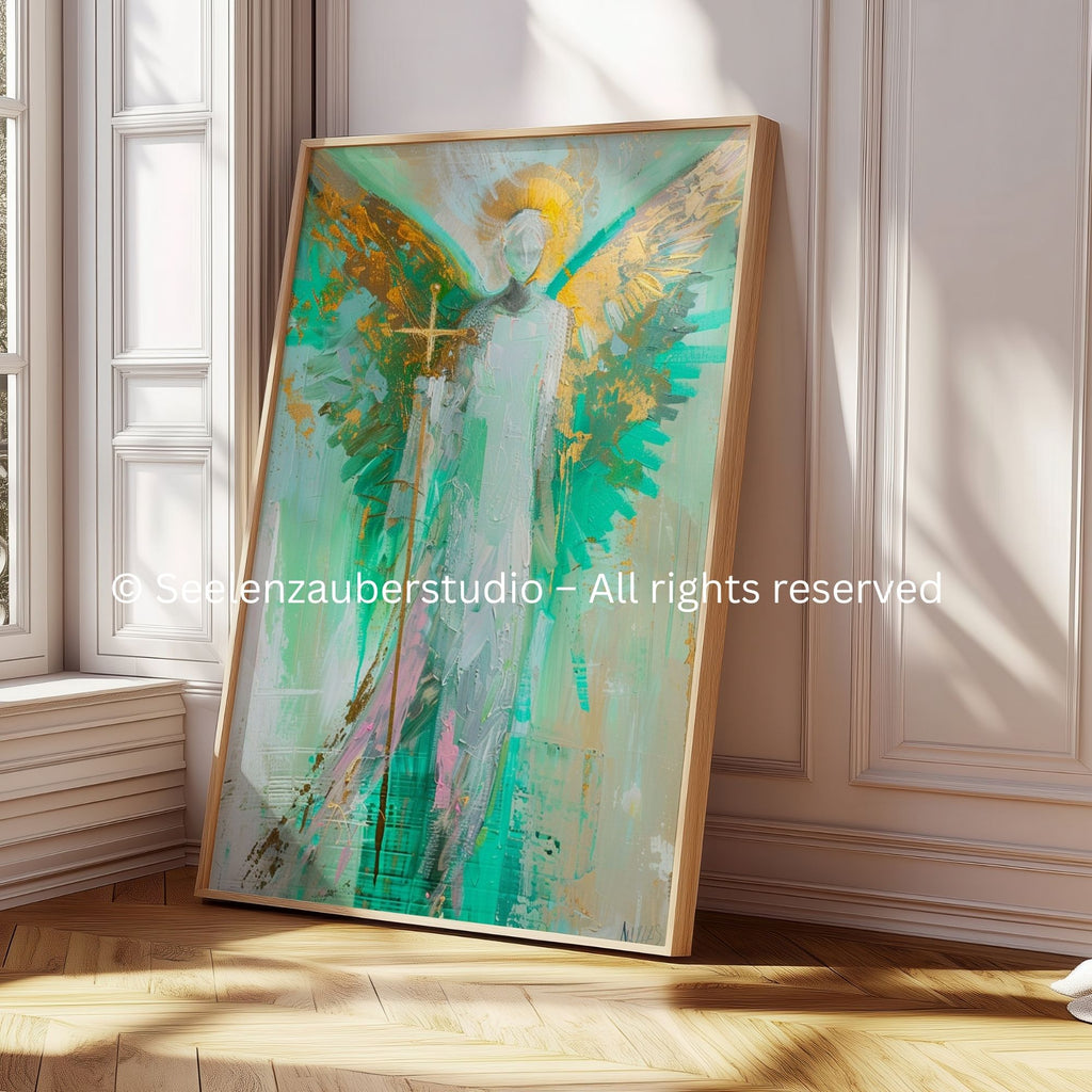 Erzengel Raphael Poster – Engel der Heilung in Türkis  Gold – Spirituelle Wandkunst – Schutzengel Bild für Gesundheit & Trost
