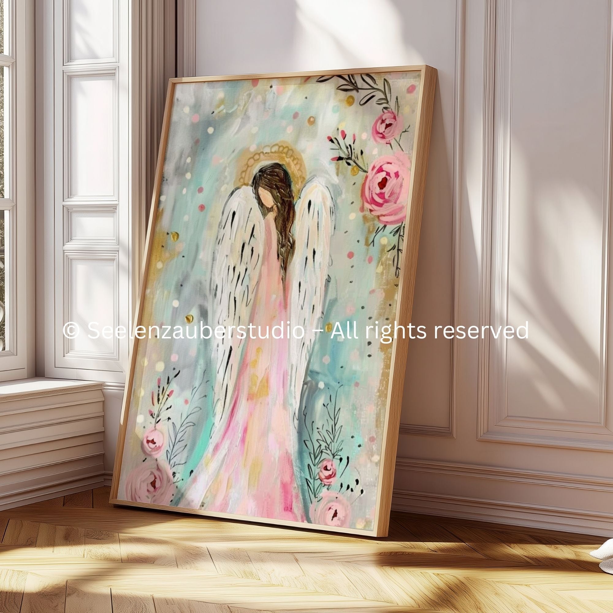 Engel Wandbild Poster – Ätherischer Schutzengel mit Blumen in sanften Pastellfarben