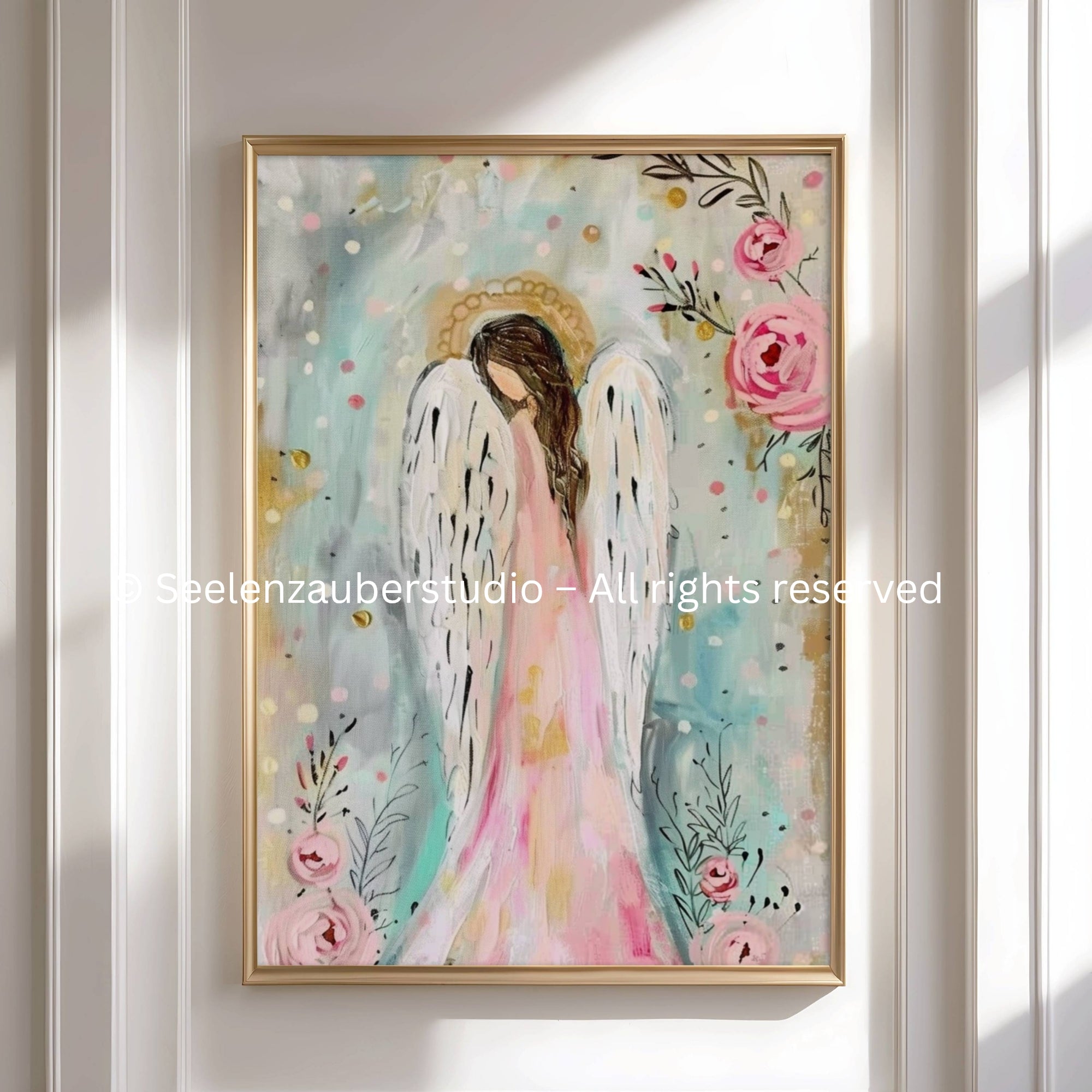 Engel Wandbild Poster – Ätherischer Schutzengel mit Blumen in sanften Pastellfarben