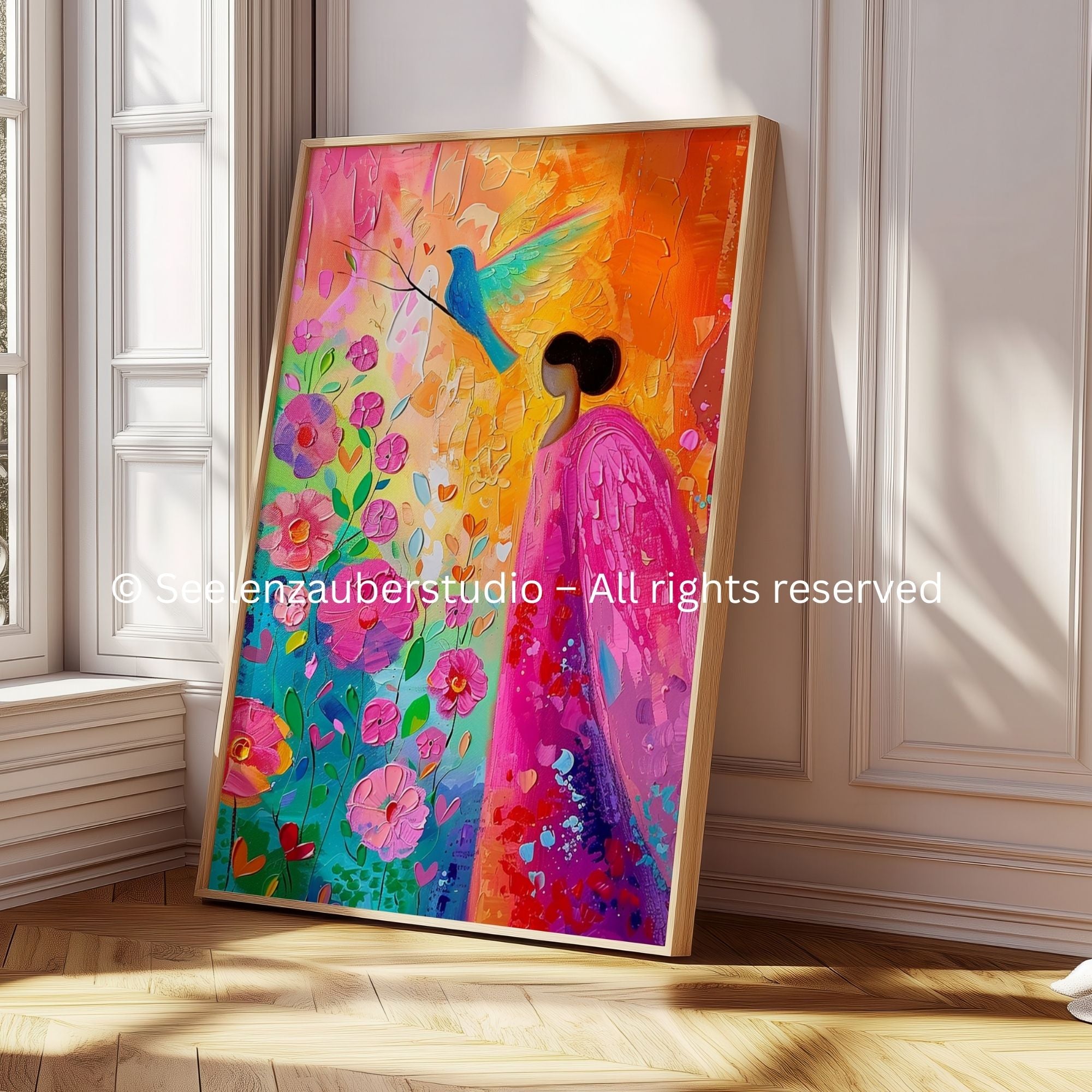 Poster-Bunte Engel Kunst Poster Print – Abstraktes Blumen & Vogel Motiv – Vintage Wandbild