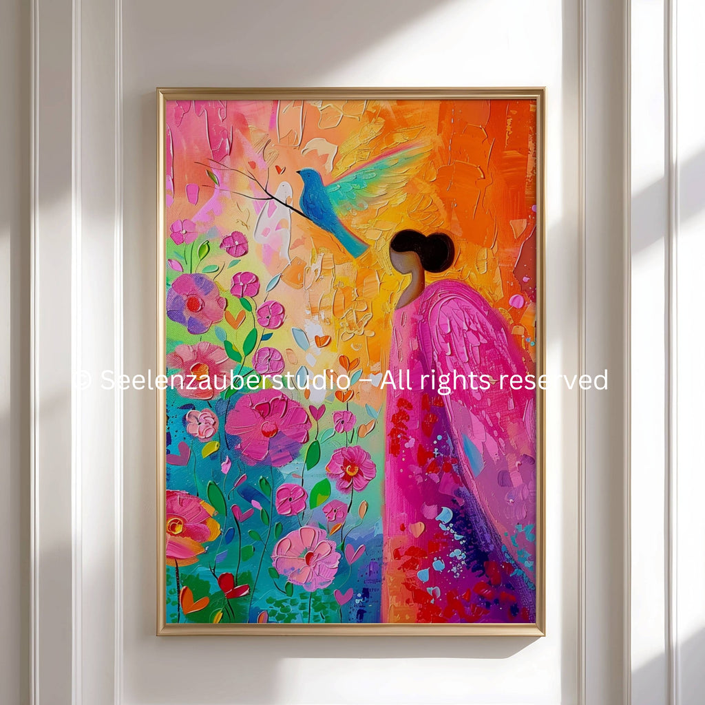 Poster-Bunte Engel Kunst Poster Print – Abstraktes Blumen & Vogel Motiv – Vintage Wandbild