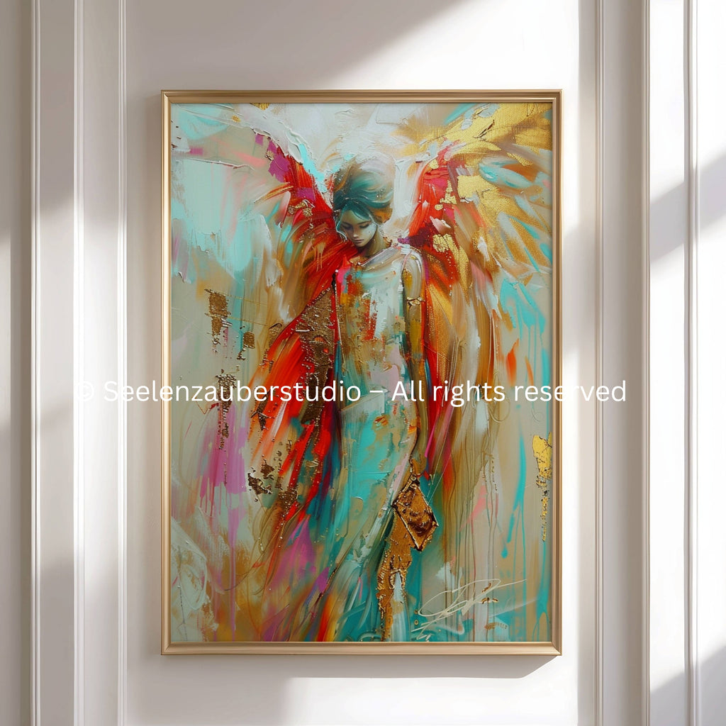 Poster-Engel Poster Frau, Schutzengel Wandbild, Abstrakte Kunst mit Goldflügeln, Spiritueller Kunstdruck, Boho Wanddeko, Geschenk für Frauen