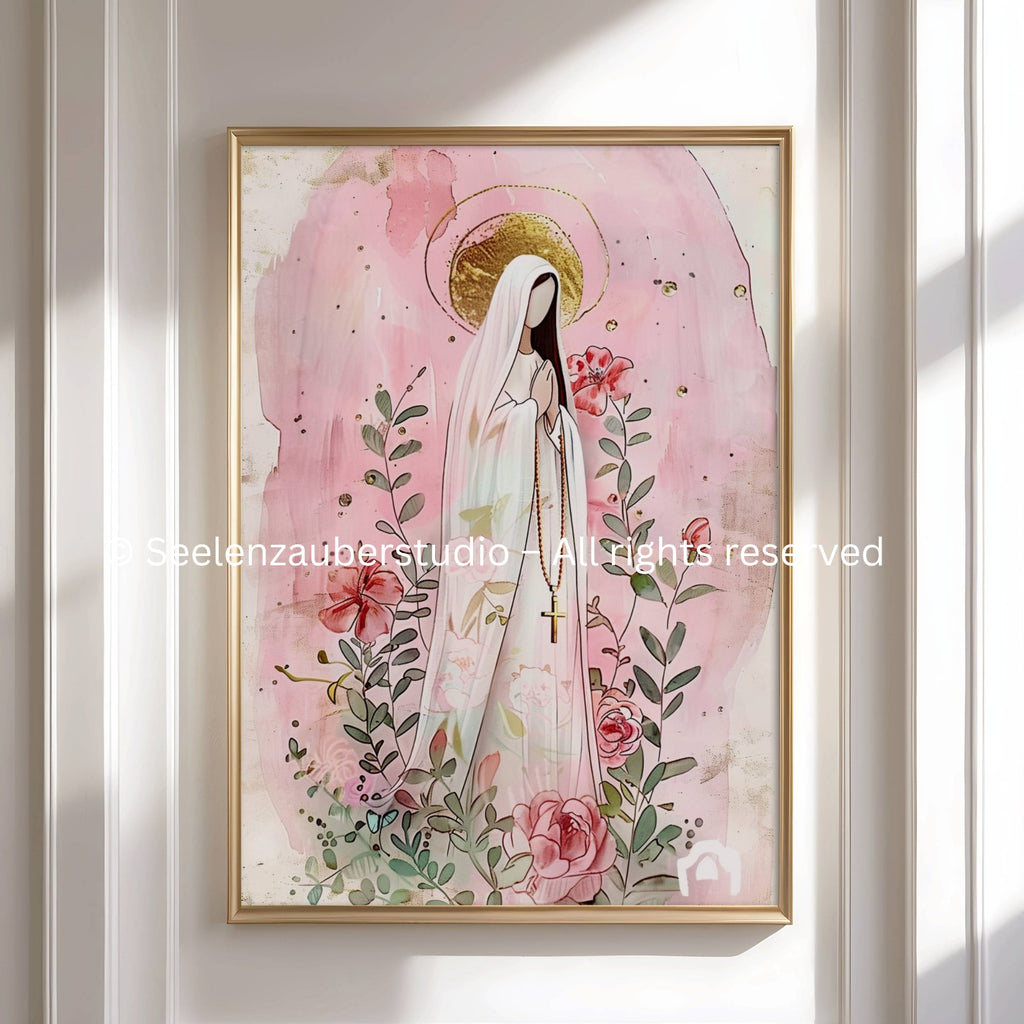 Marien Poster Rosa – Jungfrau Maria Illustration mit Blumen  Gold – Christliche Wandkunst – Spirituelles Geschenk – Katholische Deko