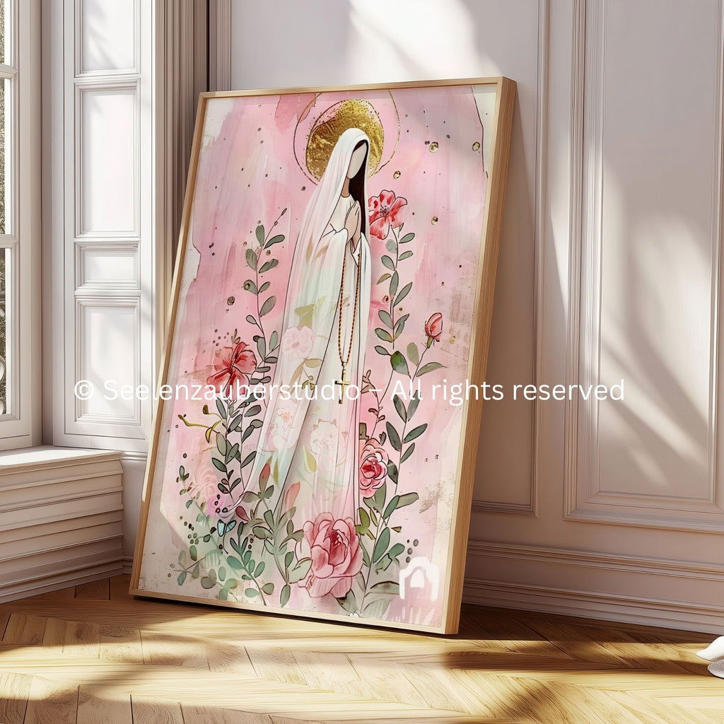 Marien Poster Rosa – Jungfrau Maria Illustration mit Blumen  Gold – Christliche Wandkunst – Spirituelles Geschenk – Katholische Deko