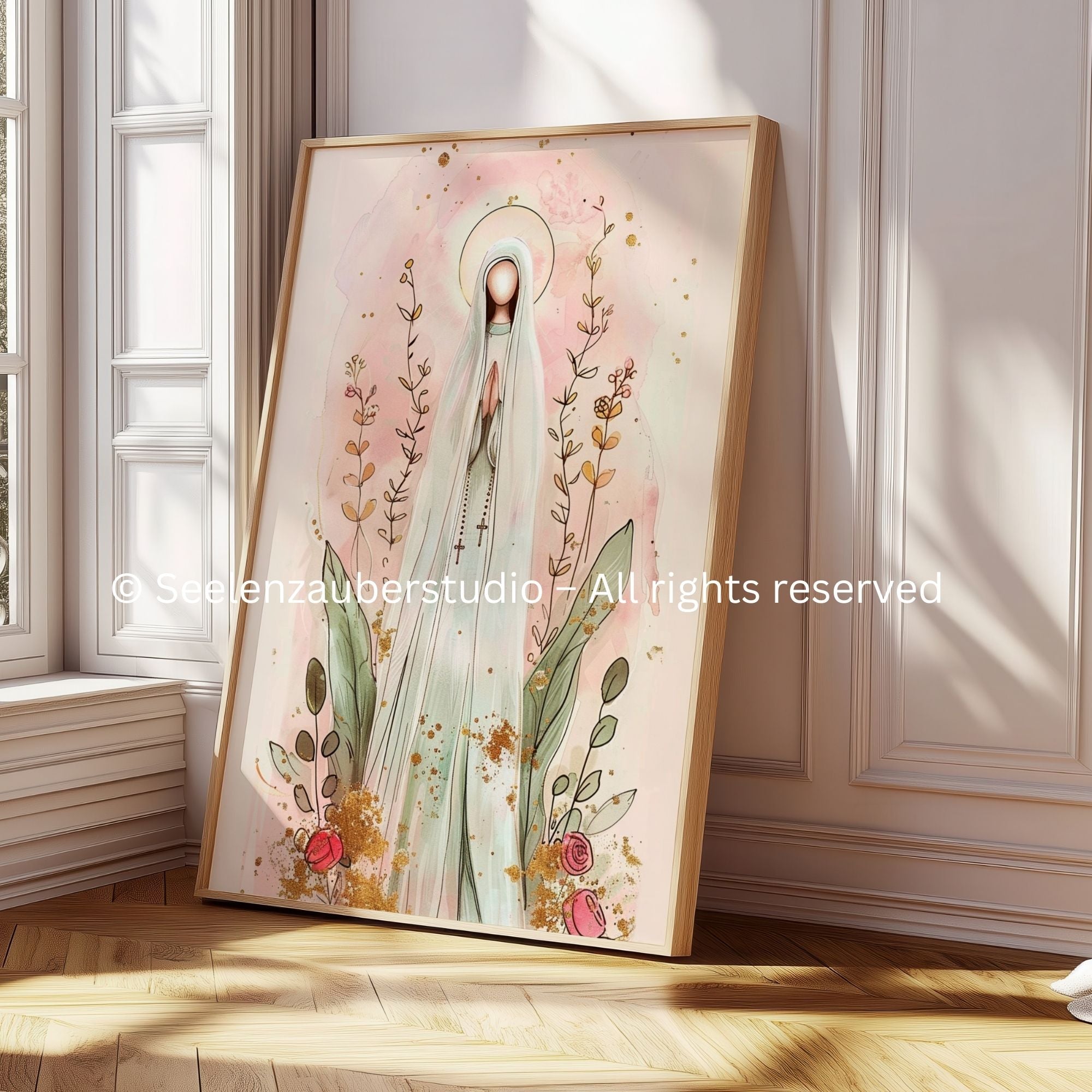 Marien Poster Rosa – Jungfrau Maria Illustration mit Blumen & Gold – Christliche Wandkunst – Spirituelles Geschenk – Katholische Deko