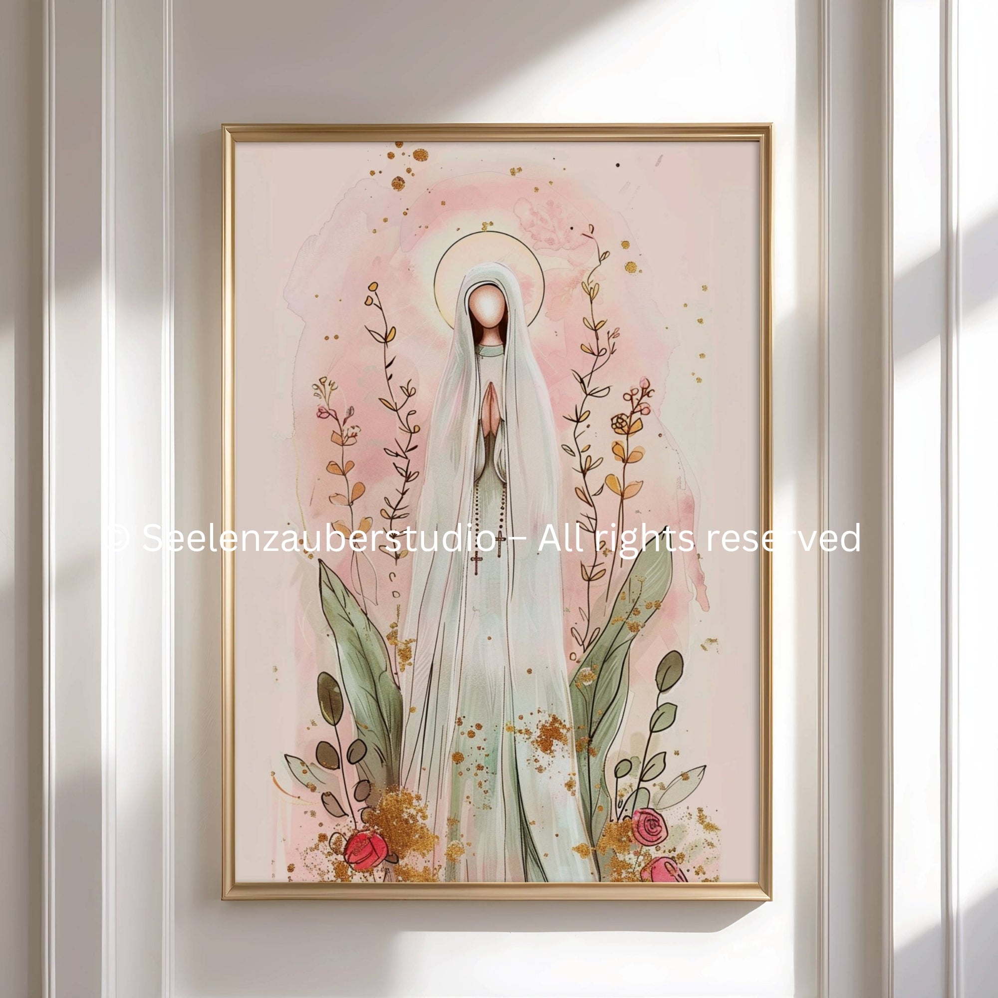Marien Poster Rosa – Jungfrau Maria Illustration mit Blumen & Gold – Christliche Wandkunst – Spirituelles Geschenk – Katholische Deko