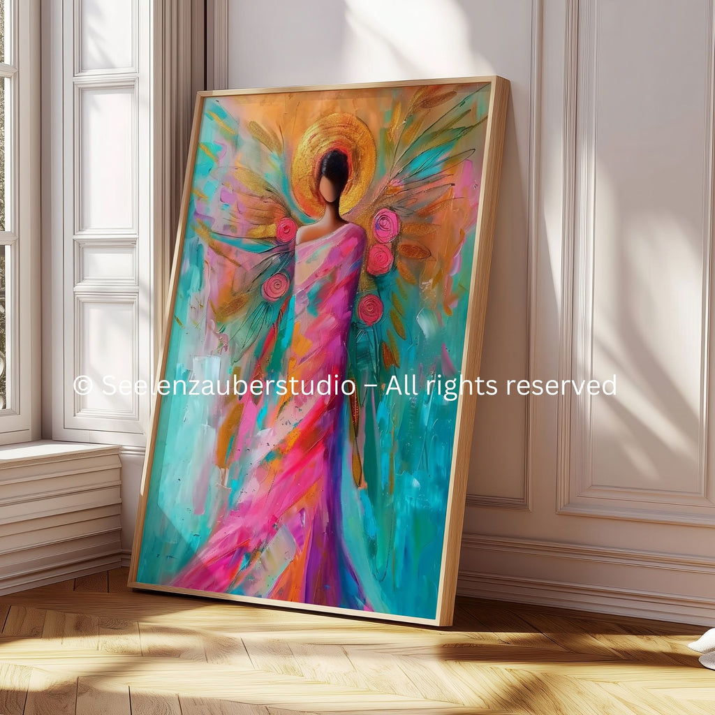 Abstrakter Erzengel Kunstdruck in Türkis, Rosa & Gold – Moderne spirituelle Engelkunst mit goldener Aura – Seelenkunst Wandbild