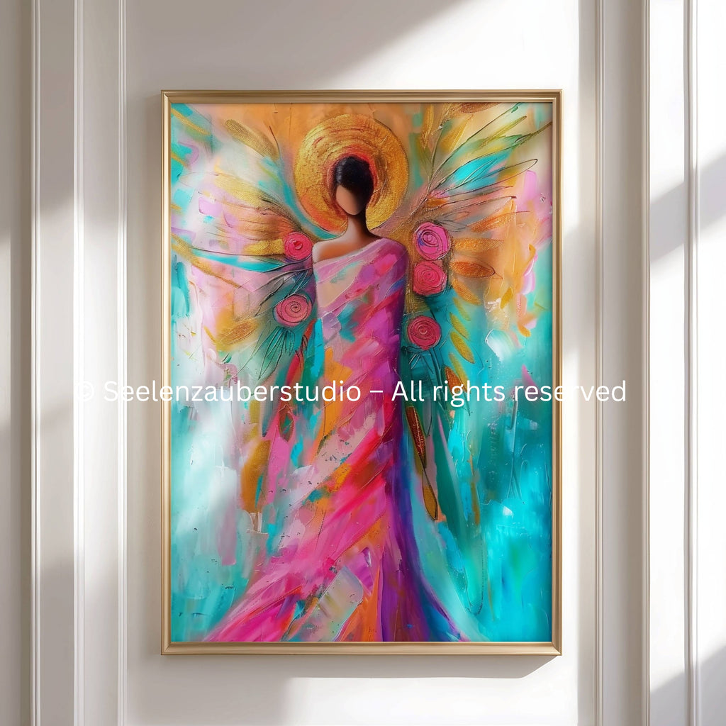 Abstrakter Erzengel Kunstdruck in Türkis, Rosa & Gold – Moderne spirituelle Engelkunst mit goldener Aura – Seelenkunst Wandbild
