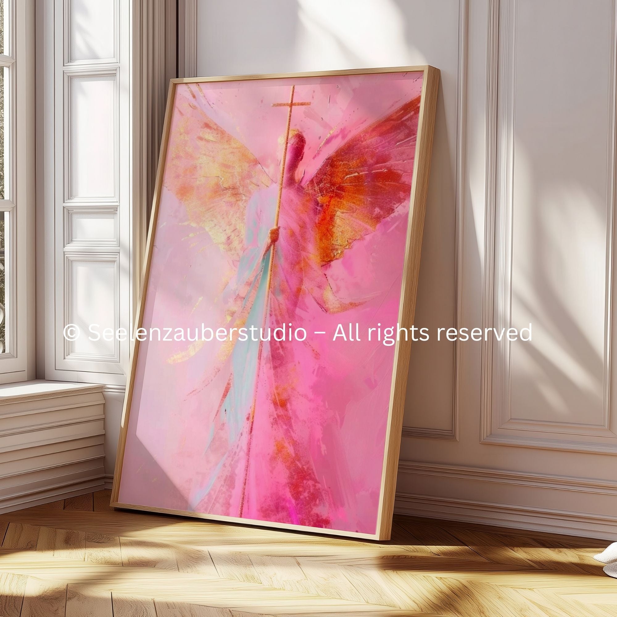 Kreuzengel Poster – Christliche Wandkunst, Schutzengel Bild, Spirituelle Kunst, Glaube & Hoffnung, Rosa Engel Flügel Poster