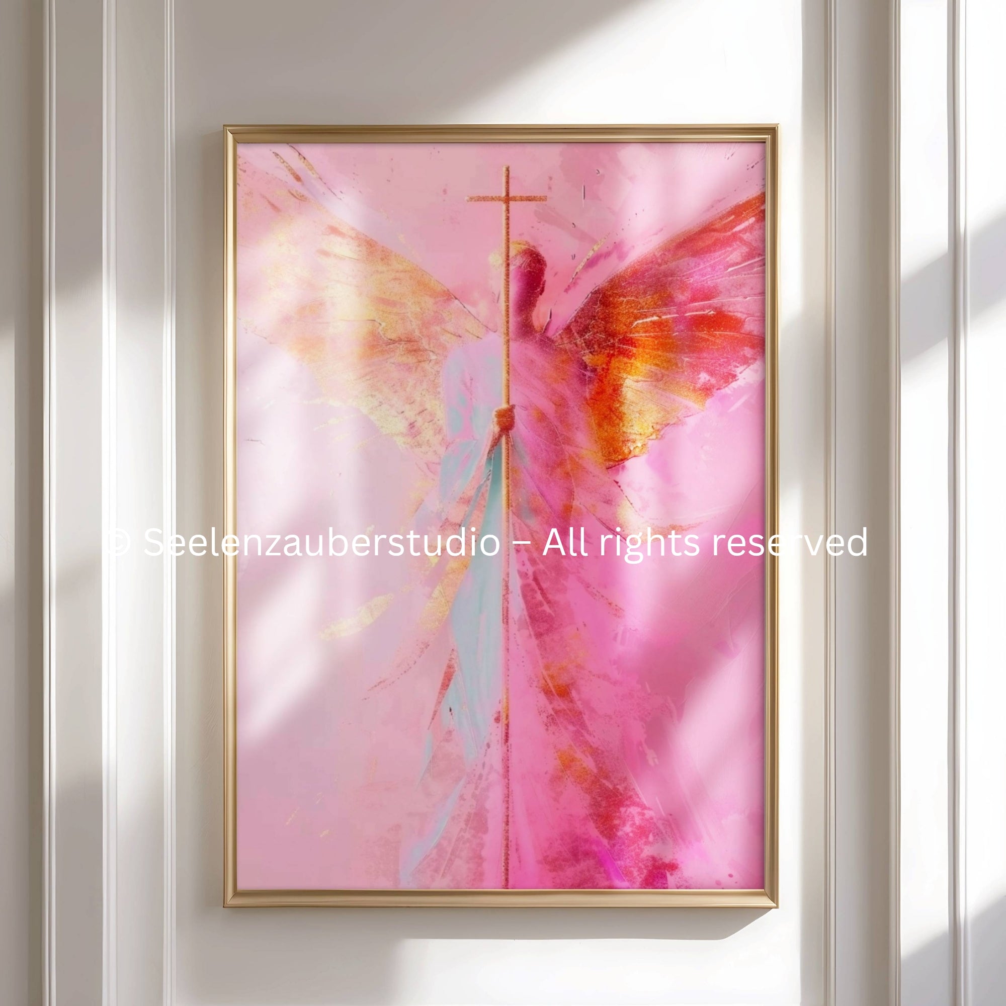 Kreuzengel Poster – Christliche Wandkunst, Schutzengel Bild, Spirituelle Kunst, Glaube & Hoffnung, Rosa Engel Flügel Poster