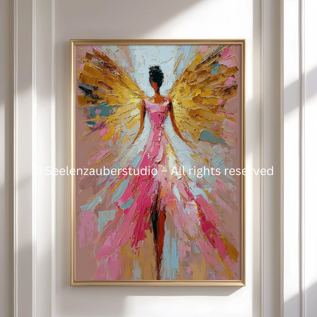 Goldener Schutzengel – Spirituelle Engelkunst in Rosa & Gold | Moderne Seelenkunst | Energiebild für Zuhause