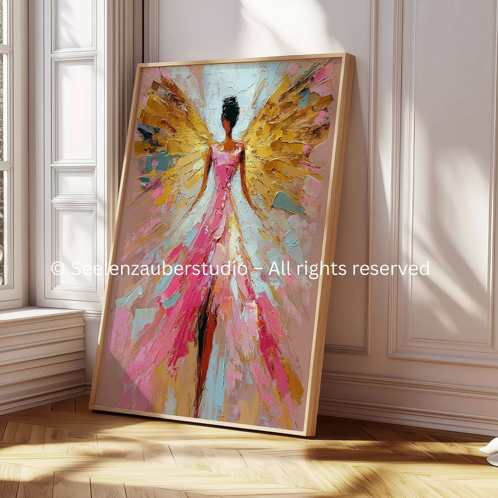 Goldener Schutzengel – Spirituelle Engelkunst in Rosa & Gold | Moderne Seelenkunst | Energiebild für Zuhause