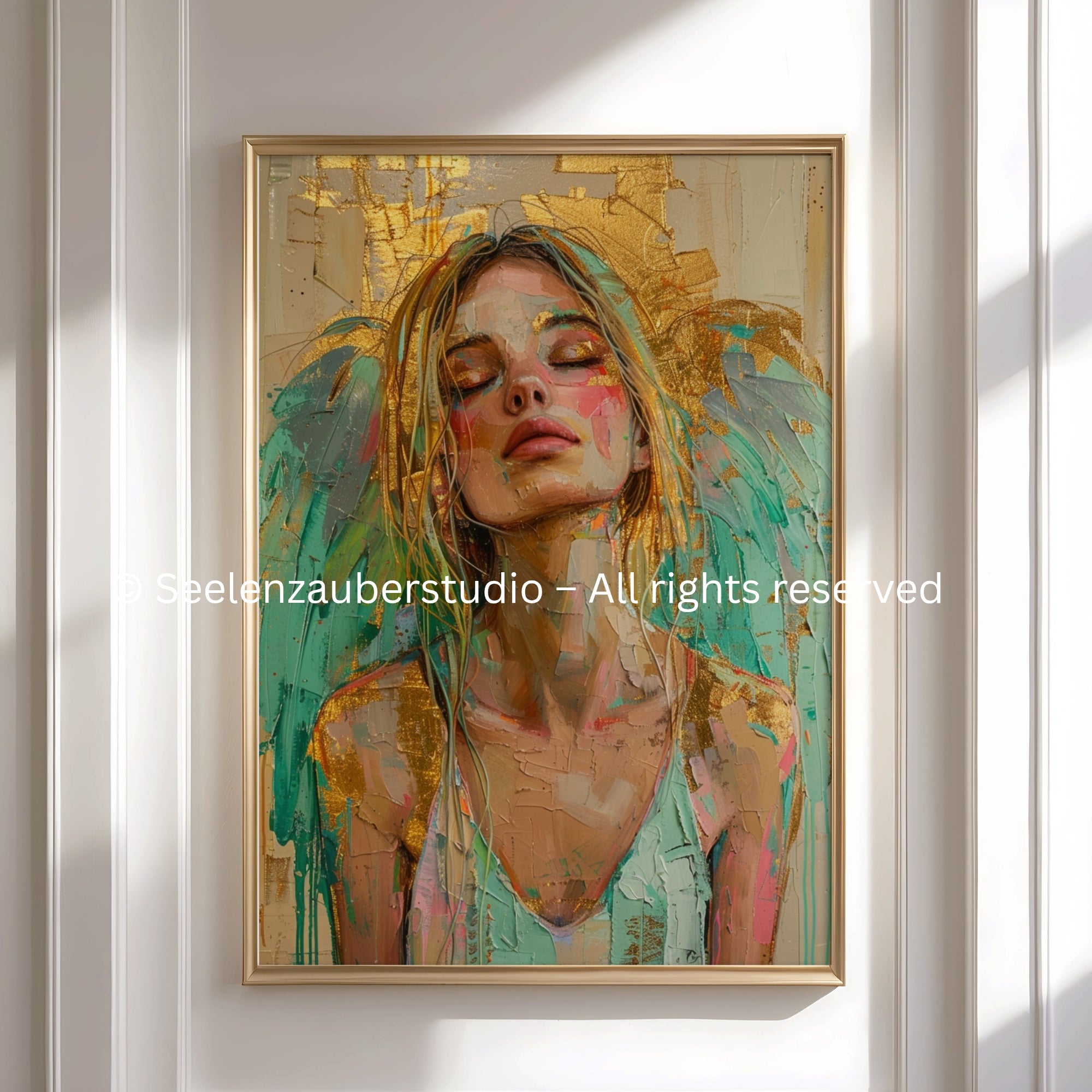 Gold Türkis Engel Poster, Spirituelle Wanddeko, Abstraktes Engelbild Boho Art