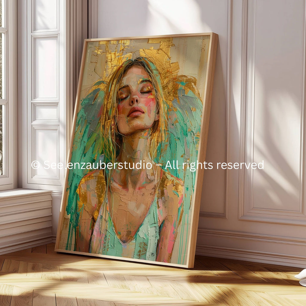 Gold Türkis Engel Poster, Spirituelle Wanddeko, Abstraktes Engelbild Boho Art