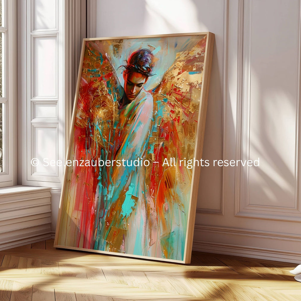 Männlicher Engel Poster, Schutzengel Wandbild, Abstrakte Kunst mit Goldflügeln, Spiritueller Kunstdruck, Boho Wanddeko, Geschenk für Männer